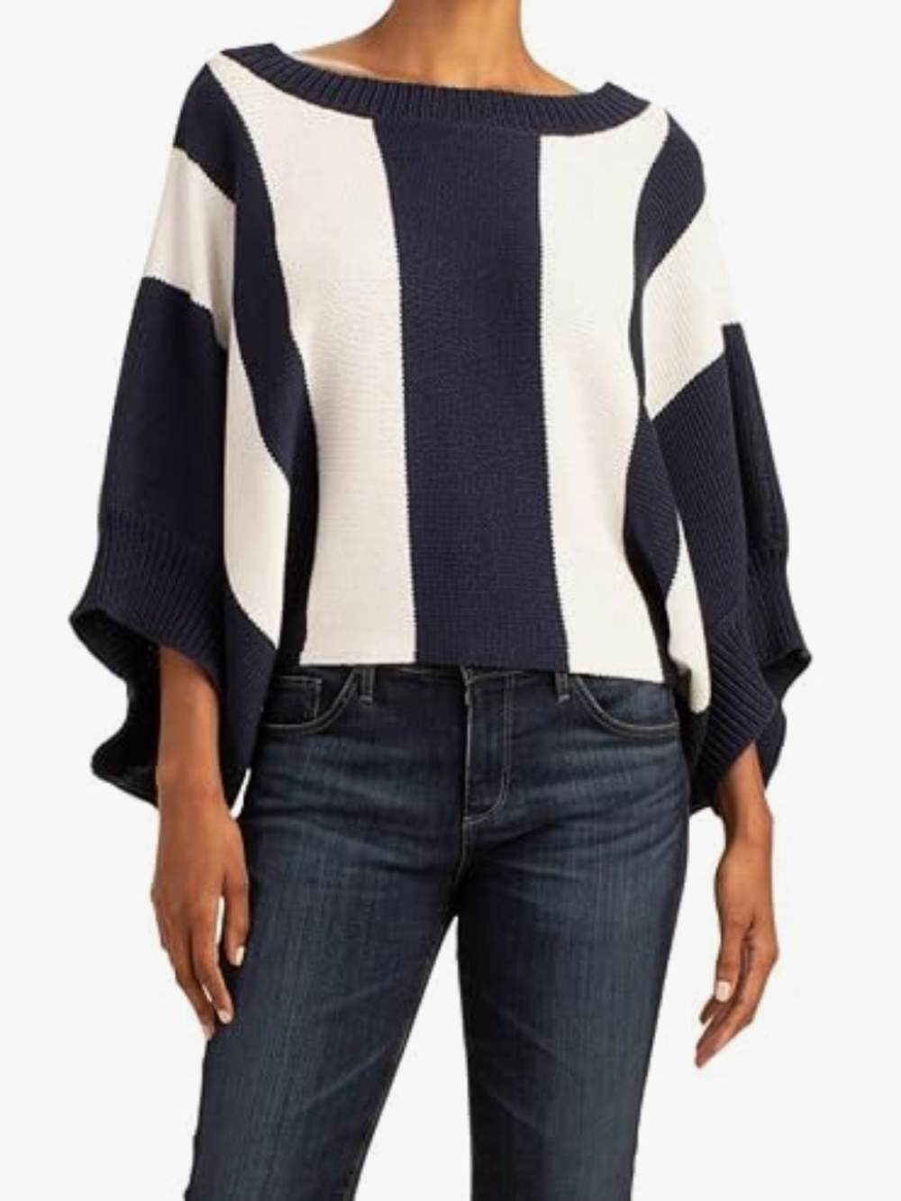 Trina Turk Navy White Striped Statement Sweater Balloon Sleeve Knit Size XS